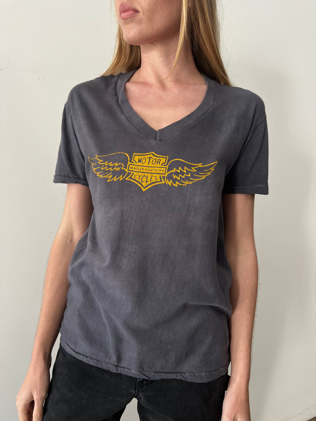 70s faded black Harley Davidson V-Neck Tee