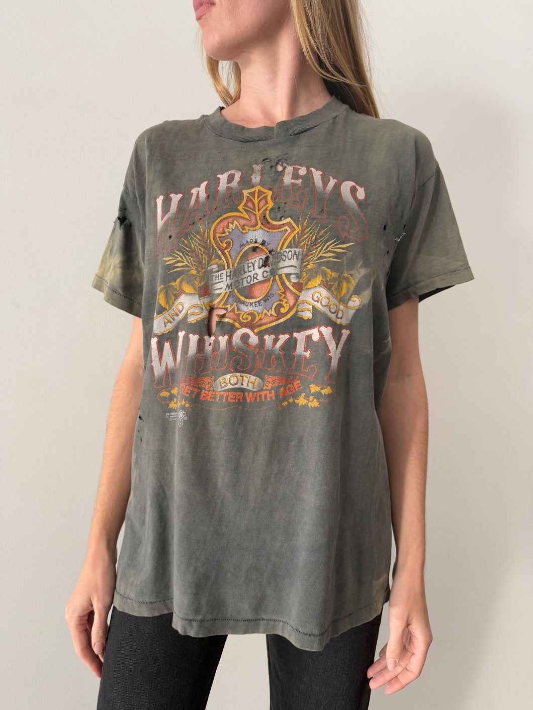 80s Thrashed 3D Emblem Harleys & Whiskey tee