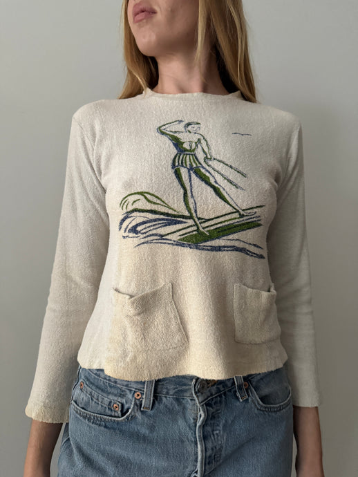 30s/40s Terry Waterskiing Motif Pullover