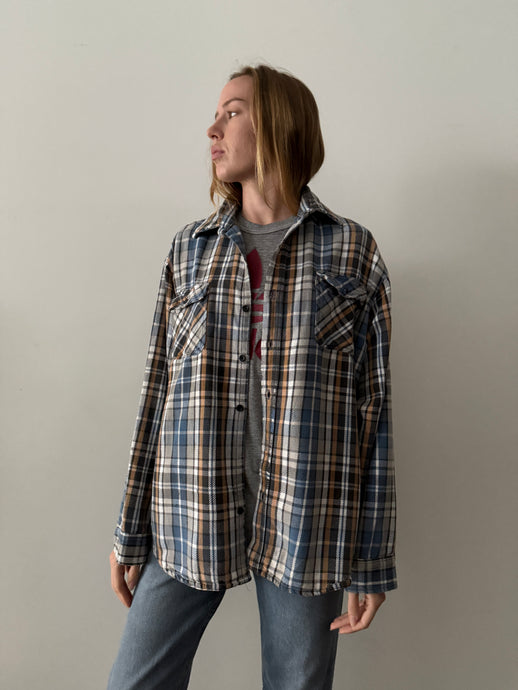 70s Blue & Tan Cotton Flannel Work Shirt