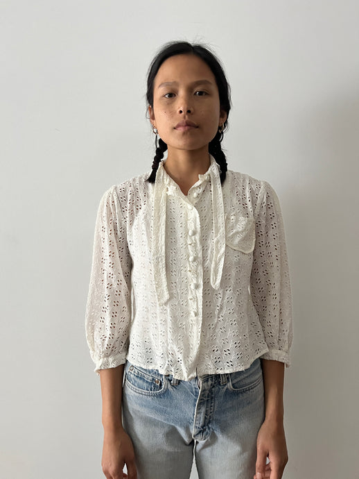 Antique Tie Collar Rayon Blouse