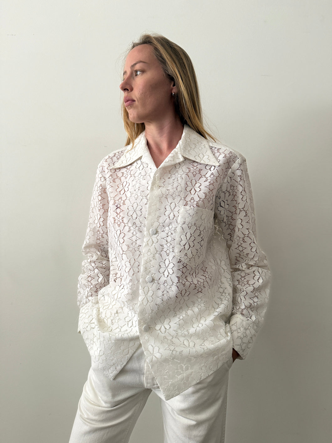 60s/70s White Floral Lace Mens Shirt