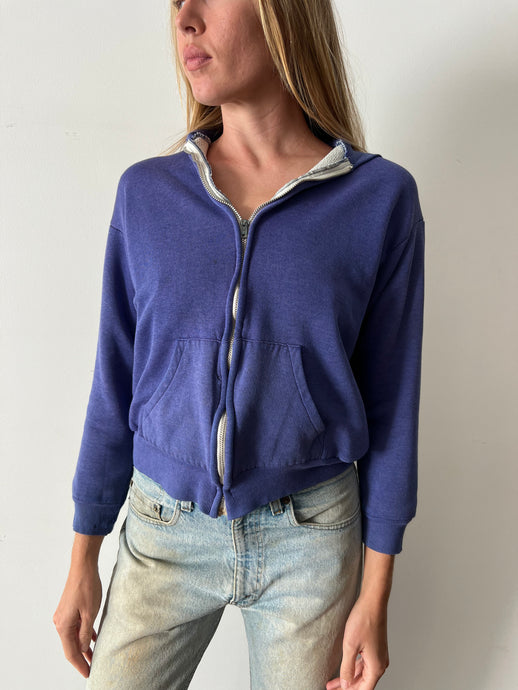 70s Waffle-Lined Faded Blue Zip-Up Hoodie