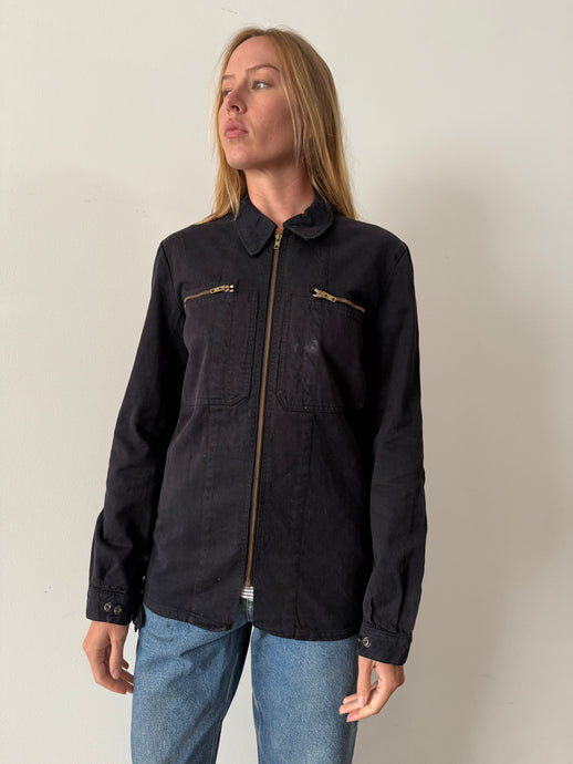60s French Black Zip-Up Work Jacket