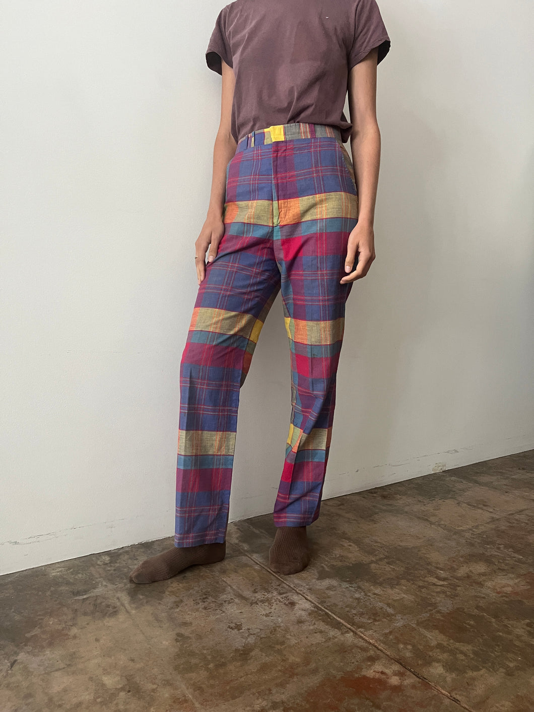 70s Cotton Madras Plaid Summer Pants