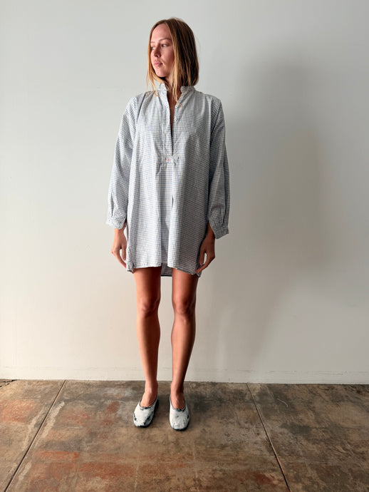 40s Blue Check Cotton Flannel Euro Grampa Shirt