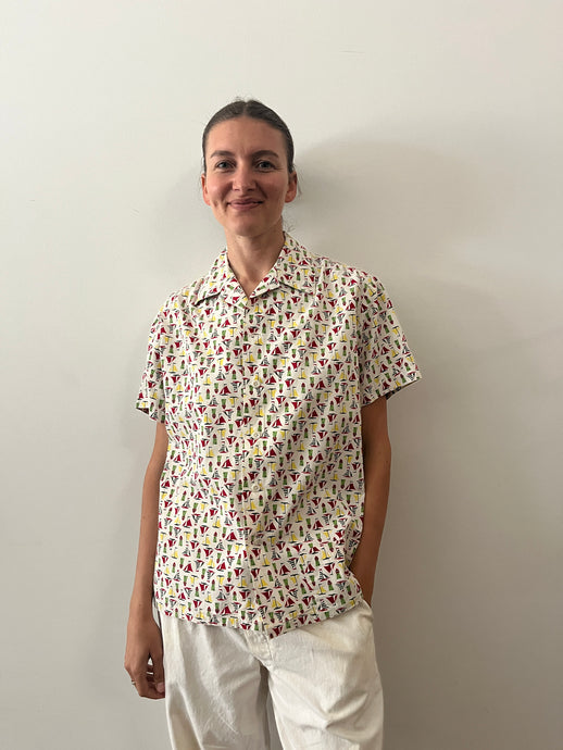 50s Light Cotton Canvas Lighthouse Sailboat Summer Shirt