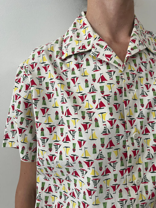 50s Light Cotton Canvas Lighthouse Sailboat Summer Shirt