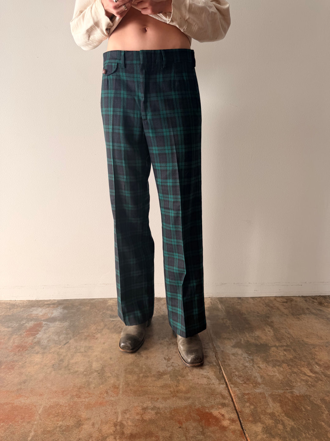 70s Lord & Taylor Green Plaid Wool Pants 29w