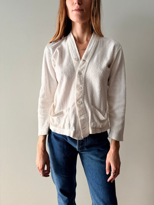 40s White Cotton Terry Cardigan