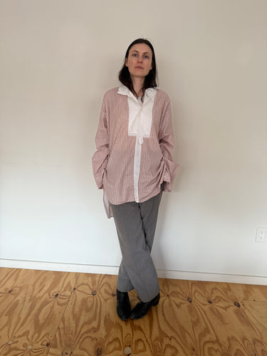 30s French Cotton Brown Striped Dress Shirt