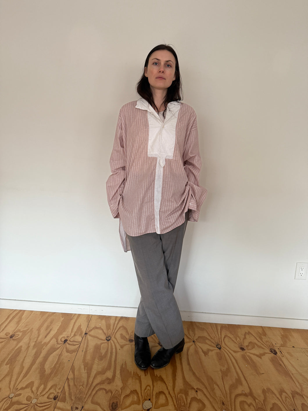 30s French Cotton Brown Striped Dress Shirt