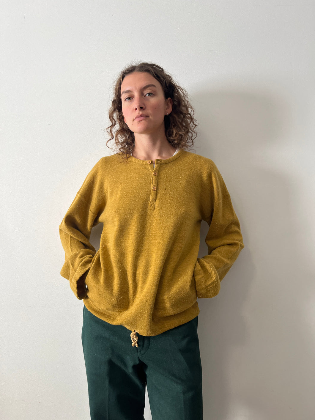 Mustard Wool Pullover Henley Sweater