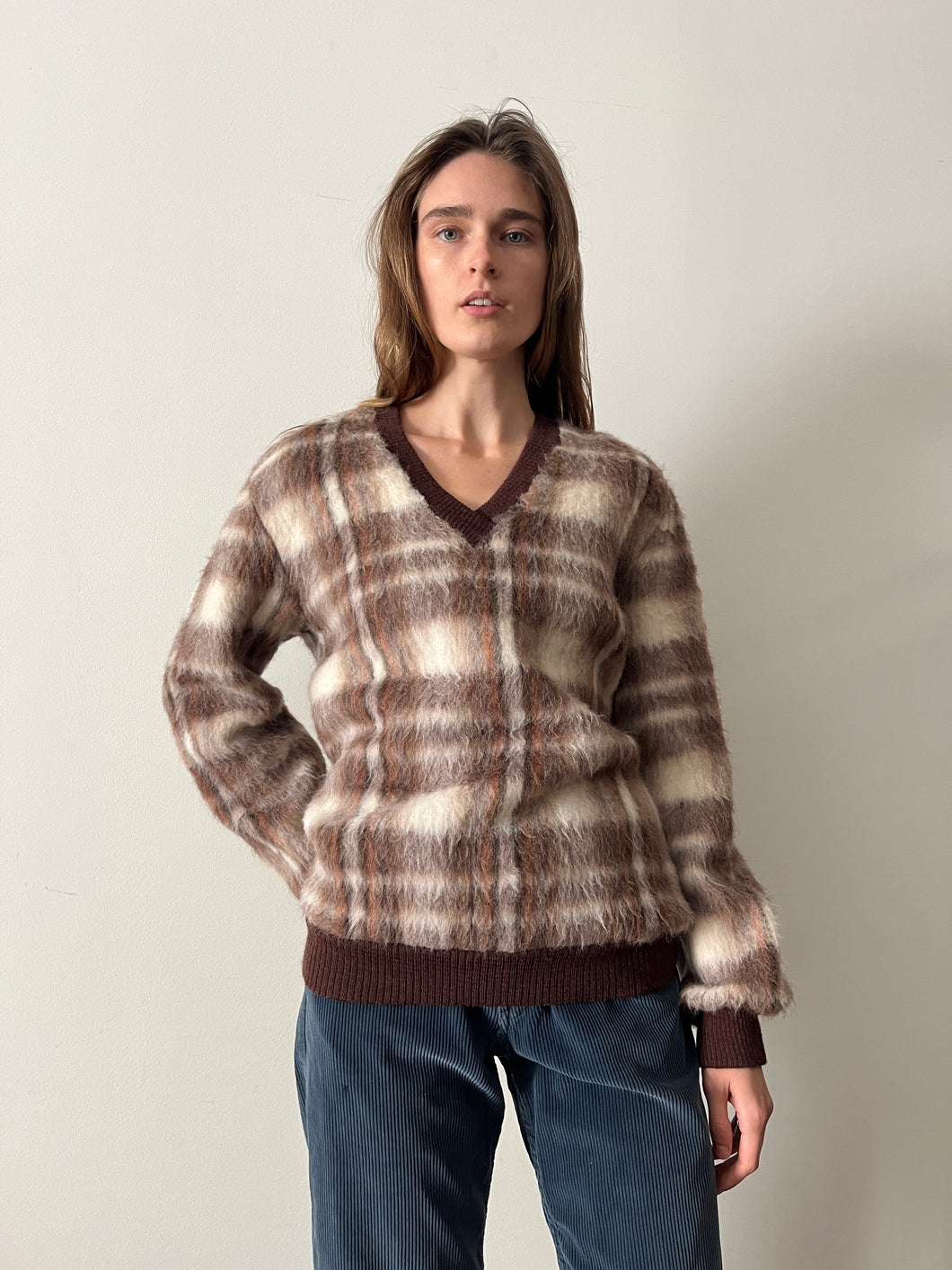 60s Fuzzy French Wool Plaid Sweater