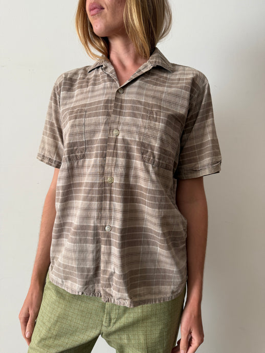 60s Brown Plaid Cotton Mens Shirt