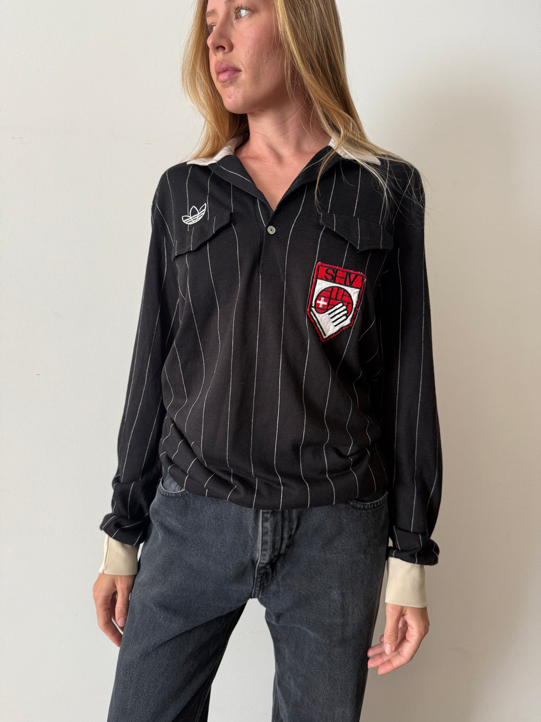 70s French Made Black Striped Adidas Soccer Jersey