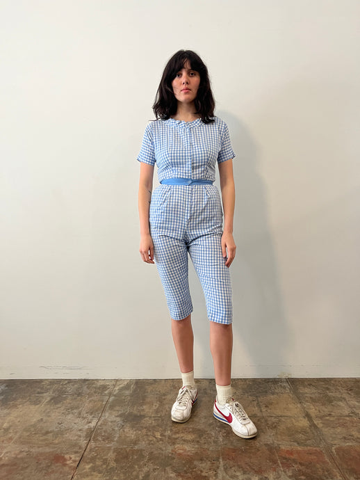 60s Cotton Gingham Zip-Up Playsuit