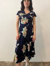 1940s Deep Blue Floral Rayon Dress